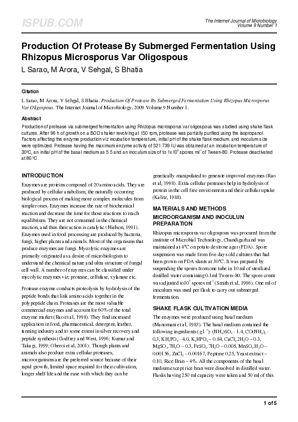 (PDF) Production Of Protease By Submerged Fermentation Using Rhizopus ...
