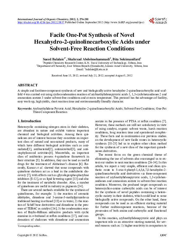 (PDF) Facile One-Pot Synthesis of Novel Hexahydro-2-quinolinecarboxylic ...