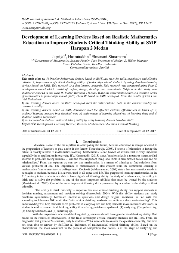 (PDF) Development of Learning Devices Based on Realistic Mathematics ...