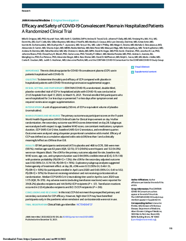 (PDF) Efficacy and Safety of COVID-19 Convalescent Plasma in ...