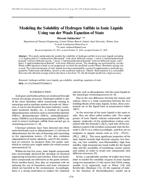(PDF) Modeling the Solubility of Hydrogen Sulfide in Ionic Liquids ...