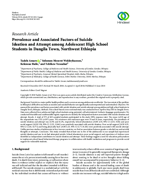 (PDF) Prevalence and Associated Factors of Suicide Ideation and Attempt ...