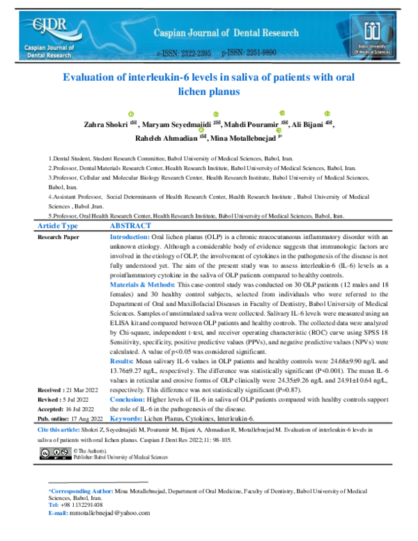 (PDF) Evaluation of interleukin-6 levels in saliva of patients with ...