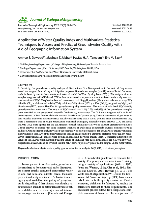 (PDF) Application of Water Quality Index and Multivariate Statistical ...