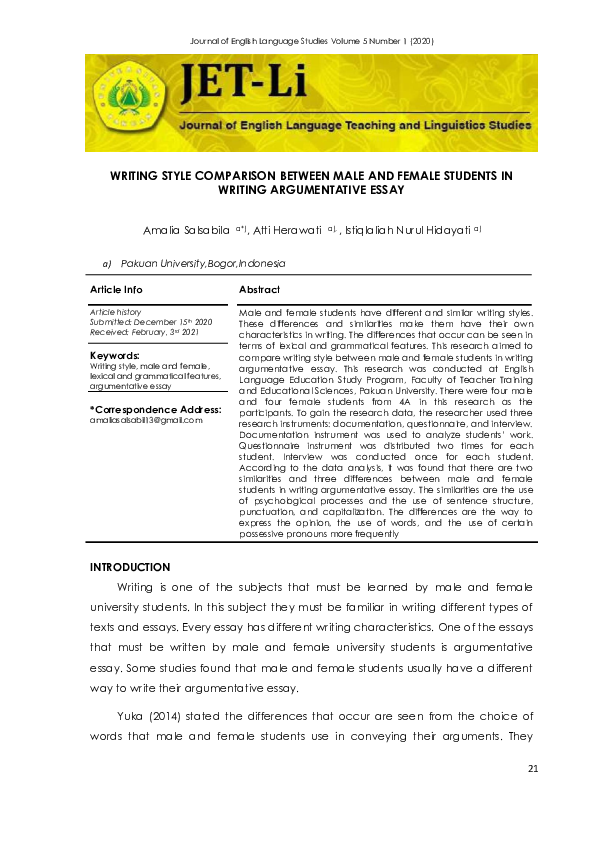 (PDF) Writing Style Comparison Between Male and Female Students in ...