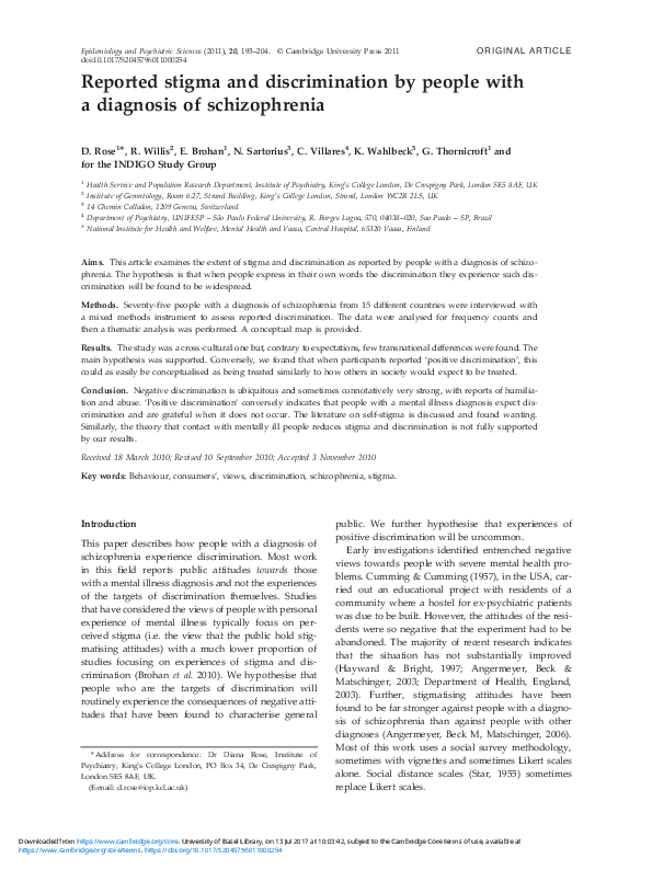 (PDF) Reported stigma and discrimination by people with a diagnosis of ...
