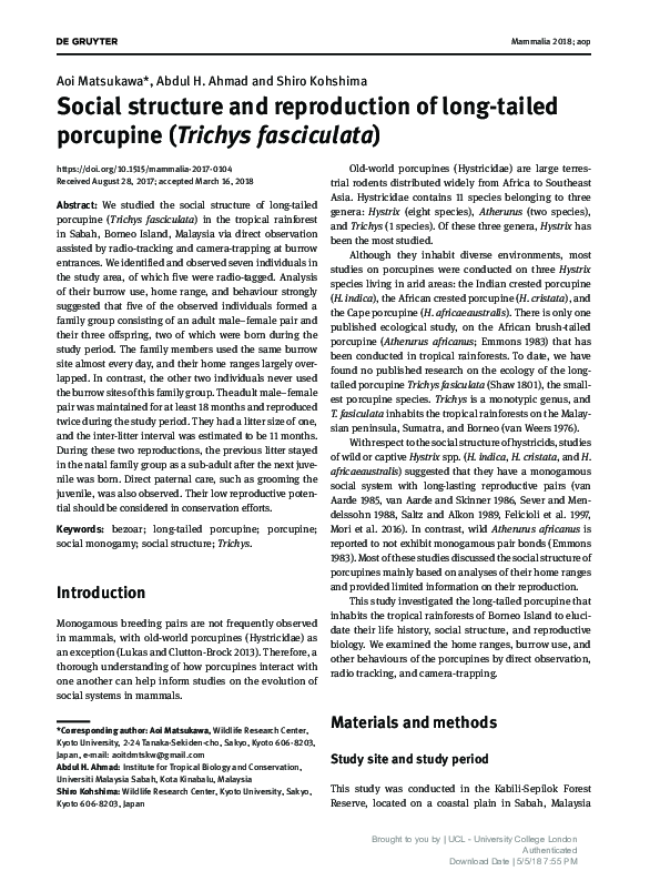 (PDF) Social structure and reproduction of long-tailed porcupine ...