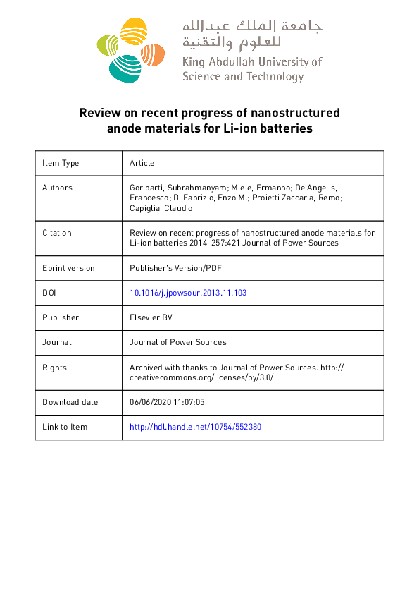 (PDF) Review on recent progress of nanostructured anode materials for ...