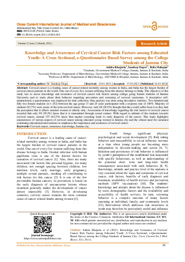 (PDF) Knowledge and Awareness of Cervical Cancer Risk Factors among ...