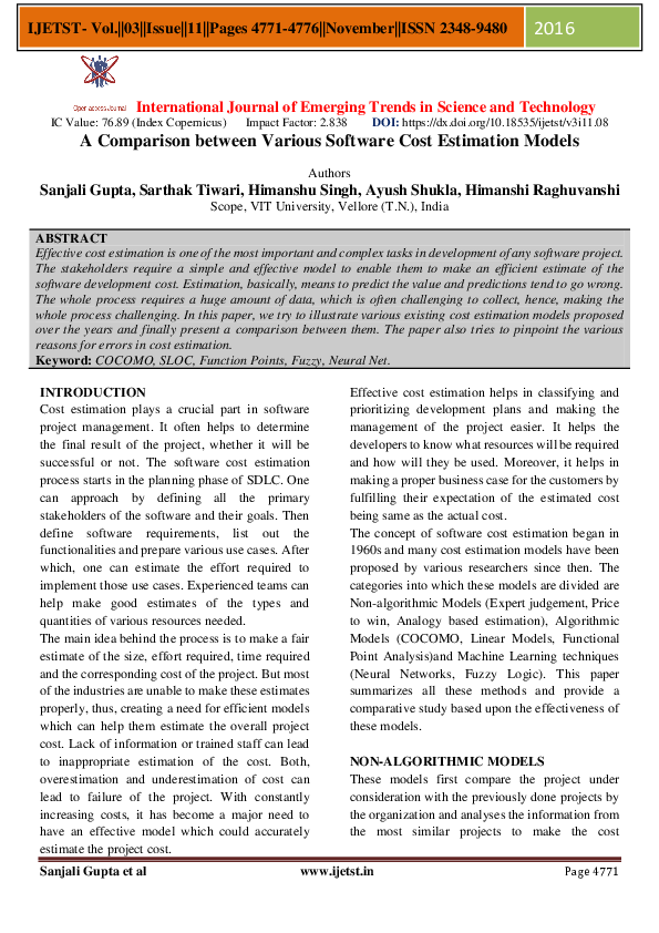 (PDF) A Comparison between Various Software Cost Estimation Models