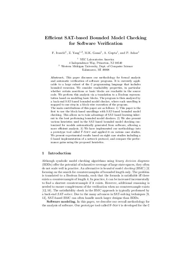 (PDF) Efficient SAT-based bounded model checking for software verification