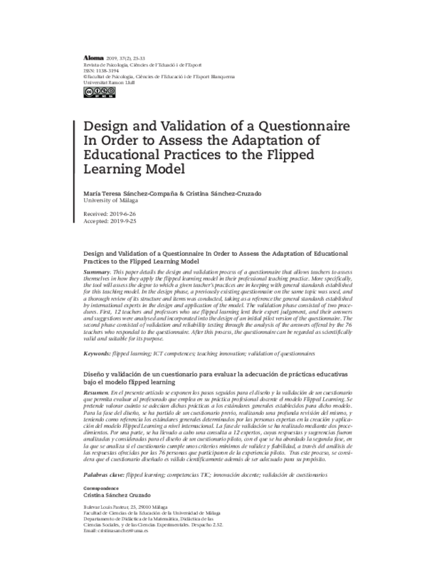 (PDF) Design and Validation of a Questionnaire In Order to Assess the ...