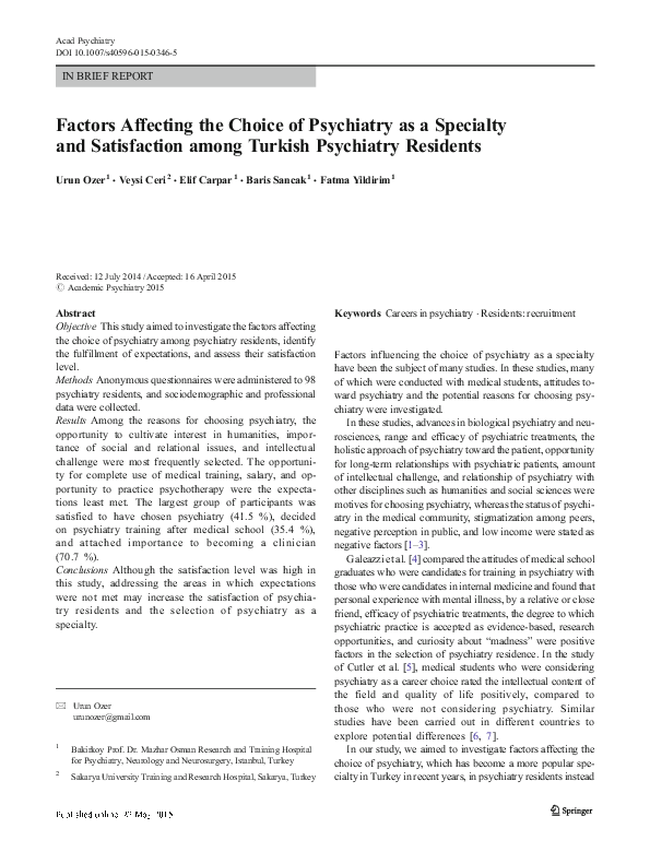 (PDF) Factors Affecting the Choice of Psychiatry as a Specialty and ...
