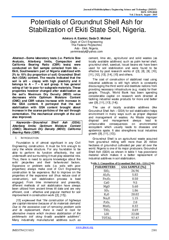 (PDF) Potentials of Groundnut Shell Ash for Stabilization of Ekiti ...