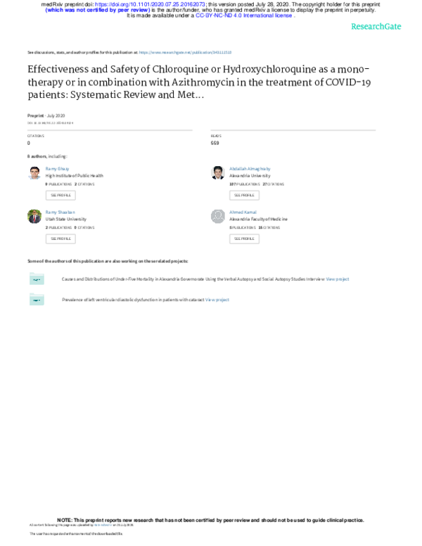 (PDF) Effectiveness and Safety of Chloroquine or Hydroxychloroquine as ...