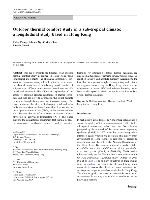 (PDF) Outdoor thermal comfort study in a sub-tropical climate: a ...