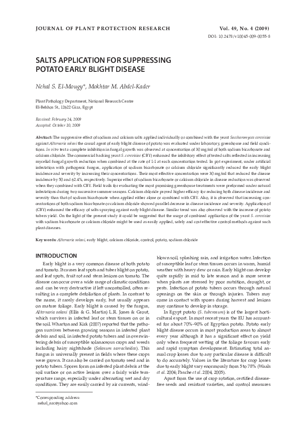 (PDF) Salts Application for Suppressing Potato Early Blight Disease