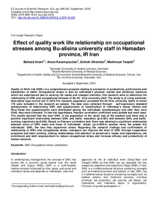 (PDF) Effect of quality work life relationship on occupational stresses ...