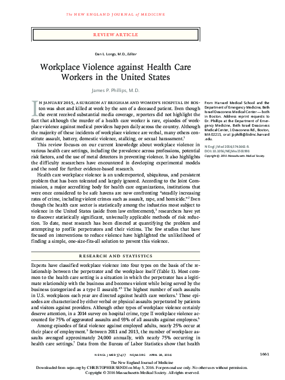(PDF) Workplace Violence against Health Care Workers in the United States