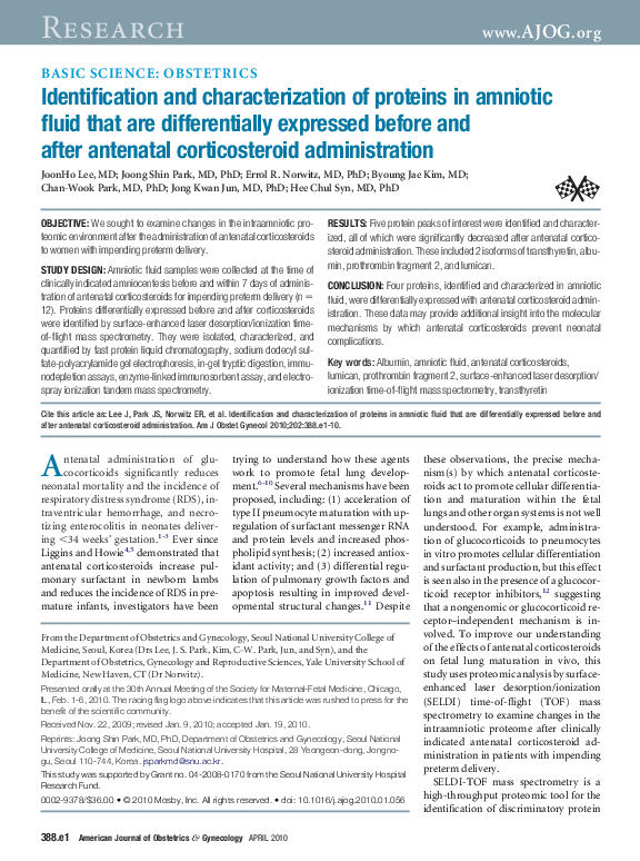 (PDF) Identification and characterization of proteins in amniotic fluid ...