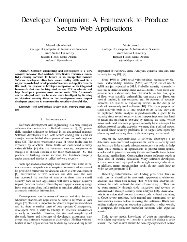 (PDF) Developer Companion: A Framework to Produce Secure Web Applications