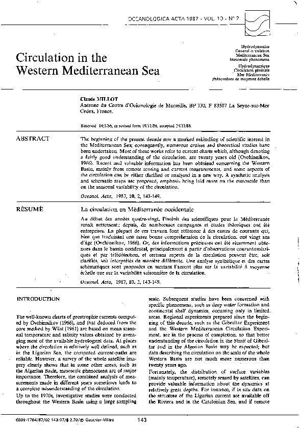 (PDF) Circulation in the Western Mediterranean Sea
