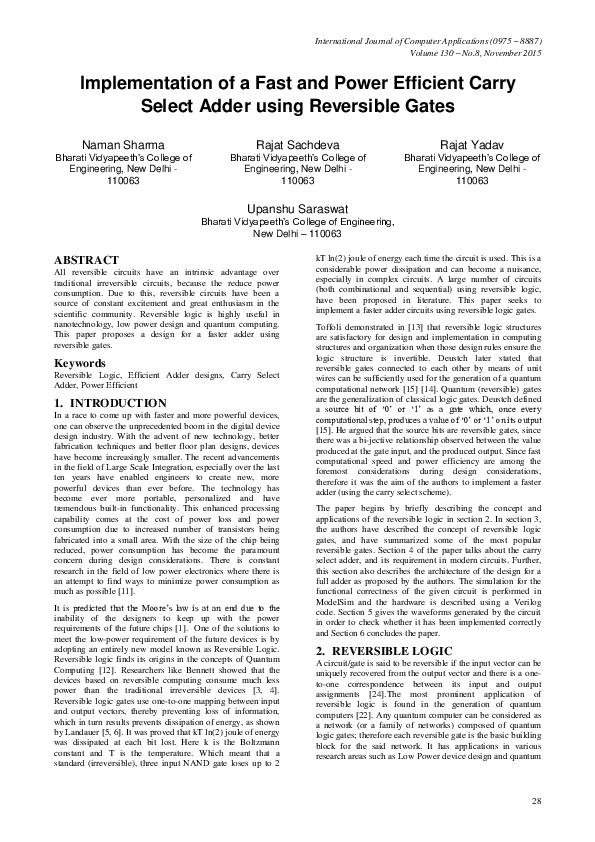 (PDF) Implementation of a Fast and Power Efficient Carry Select Adder ...