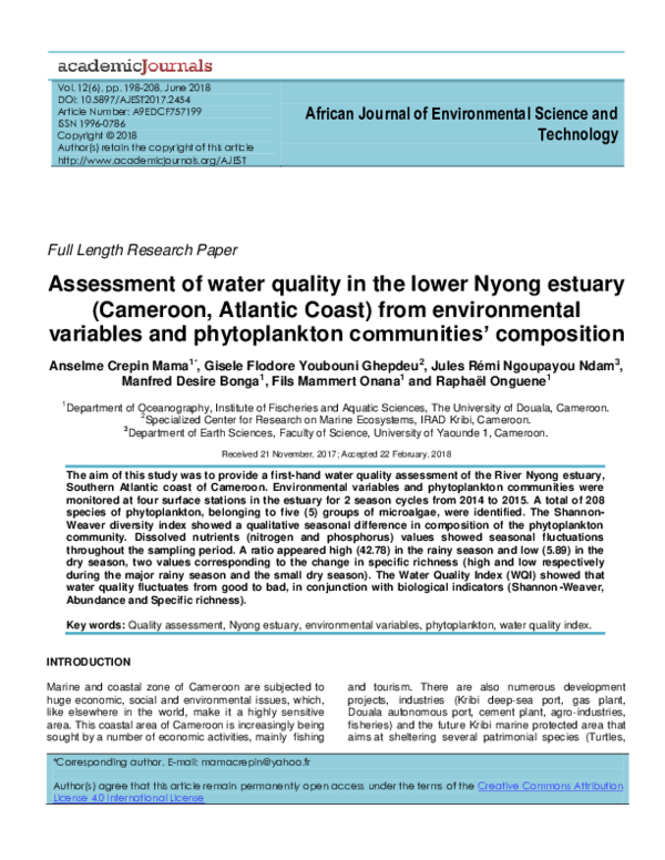 (PDF) Assessment of water quality in the lower Nyong estuary (Cameroon ...