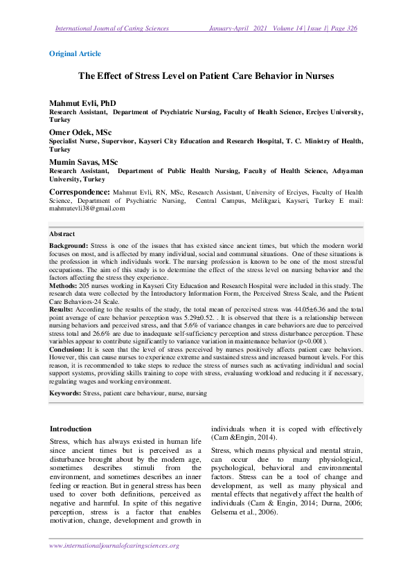 (PDF) The Effect of Stress Level on Patient Care Behavior in Nurses