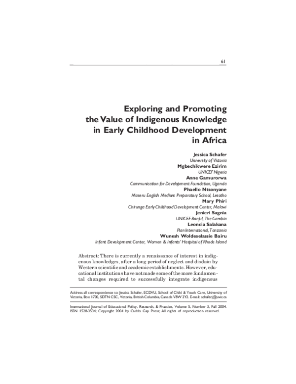 (PDF) 2006. “Exploring and Promoting the Value of Indigenous Knowledge
