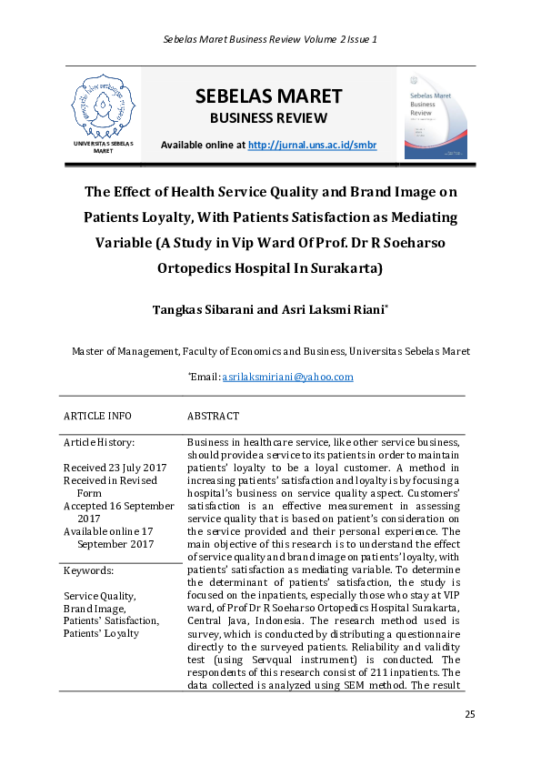 (PDF) The Effect of Health Service Quality and Brand Image on Patients ...