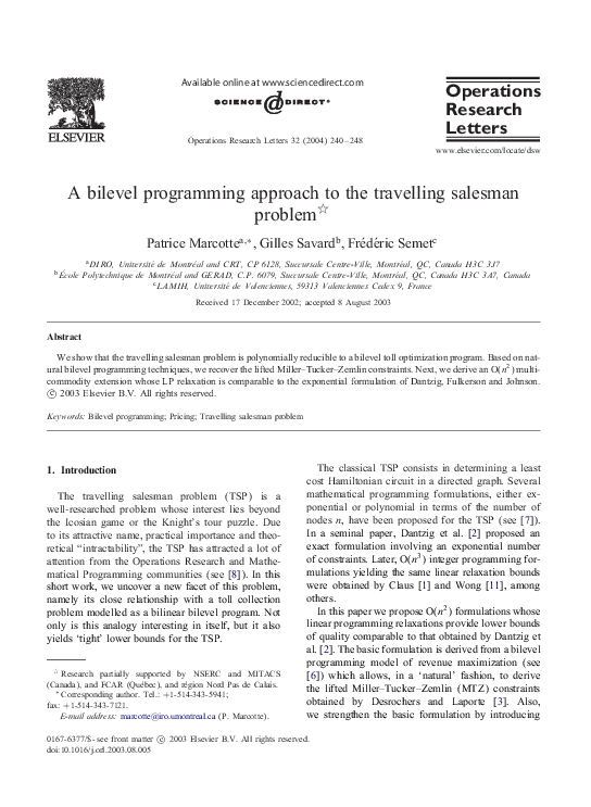 (PDF) A bilevel programming approach to the travelling salesman problem
