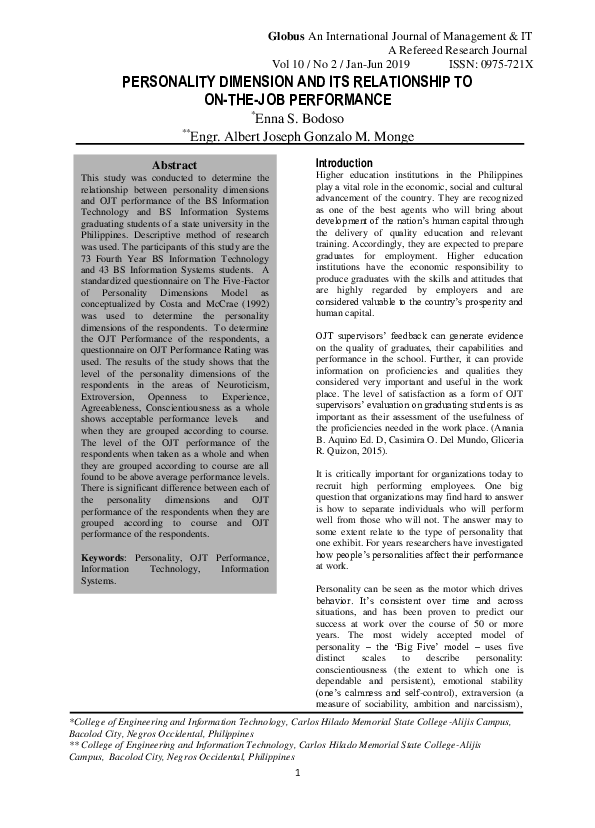 Pdf Personality Dimension And Its Relationship To On The Job Performance