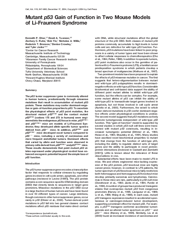(PDF) Mutant p53 Gain of Function in Two Mouse Models of Li-Fraumeni ...
