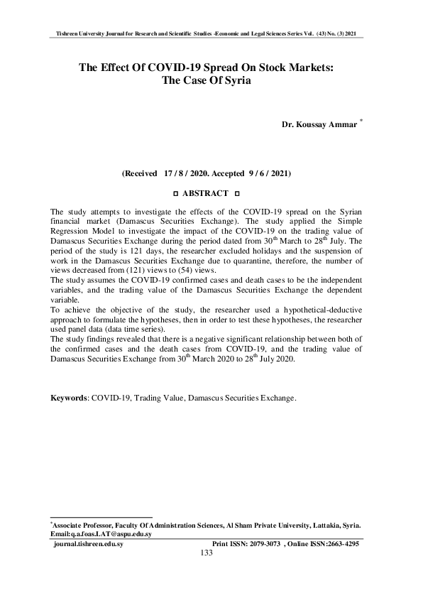 (PDF) The Effect Of COVID-19 Spread On Stock Markets: The Case Of Syria