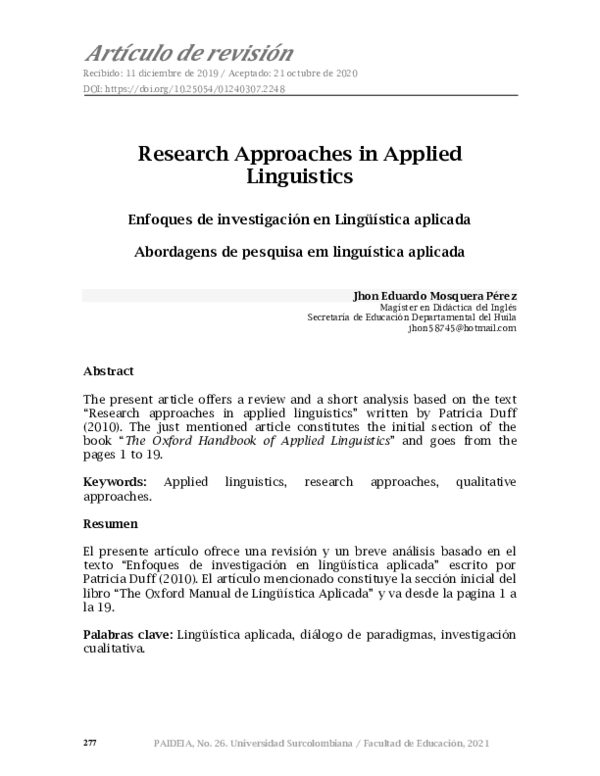 (PDF) Research Approaches in Applied Linguistics
