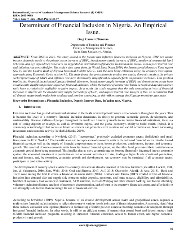 (PDF) Determinant of Financial Inclusion in Nigeria. An Empirical Issue
