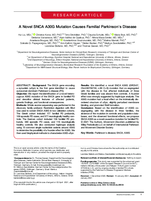 A Novel SNCA A30G Mutation Causes Familial Parkinsonʼs Disease