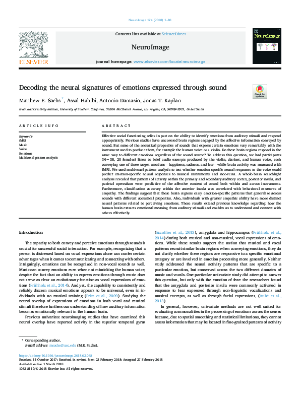 (PDF) Decoding the neural signatures of emotions expressed through sound