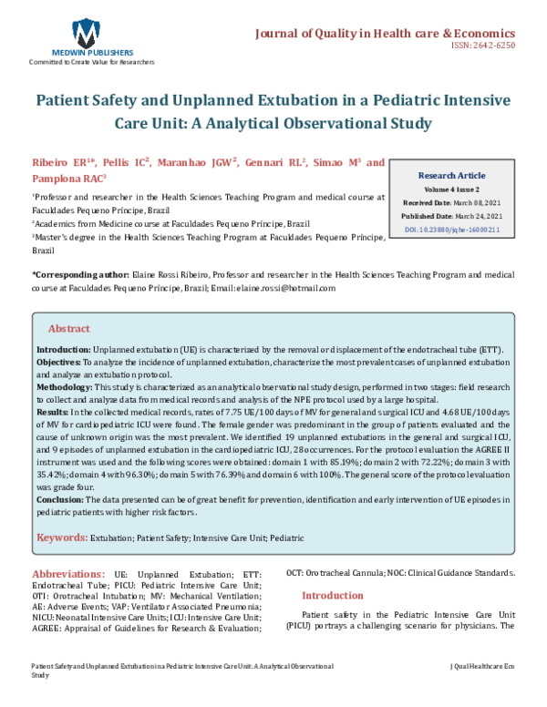 (PDF) Patient Safety and Unplanned Extubation in a Pediatric Intensive ...