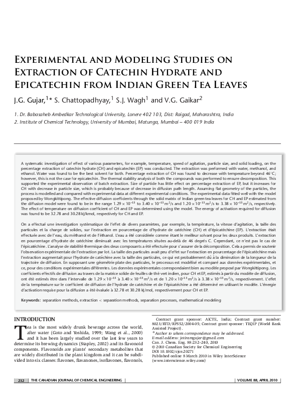 (PDF) Experimental and modeling studies on extraction of catechin ...