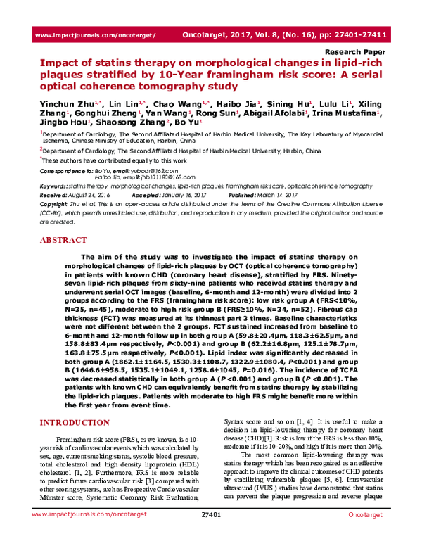 (PDF) Impact of statins therapy on morphological changes in lipid-rich ...