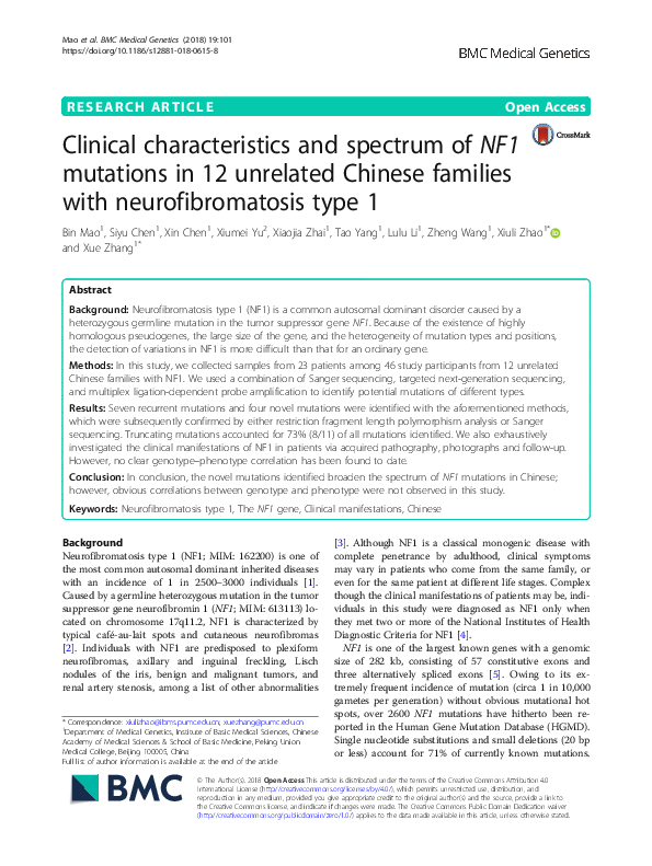 (PDF) Clinical characteristics and spectrum of NF1 mutations in 12 ...