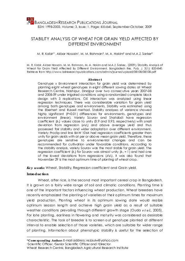 (PDF) Stability analysis of wheat for grain yield affected by different ...