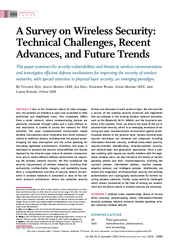 (PDF) A Survey on Wireless Security: Technical Challenges, Recent ...