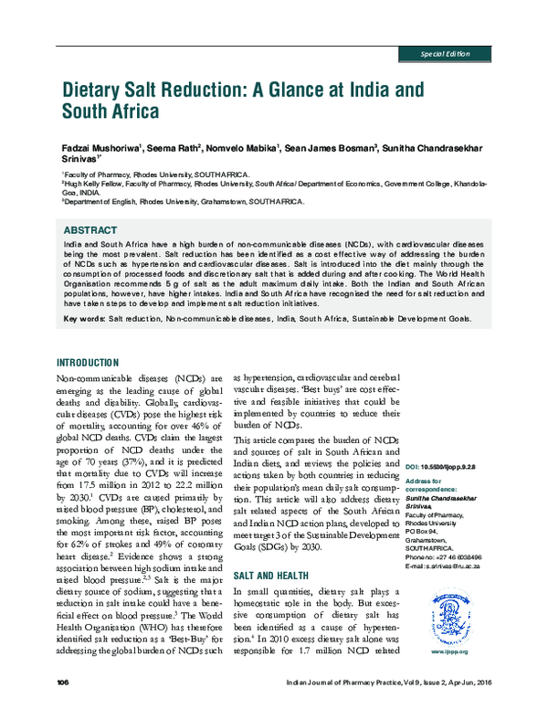 (PDF) Dietary Salt Reduction: A Glance at India and South Africa