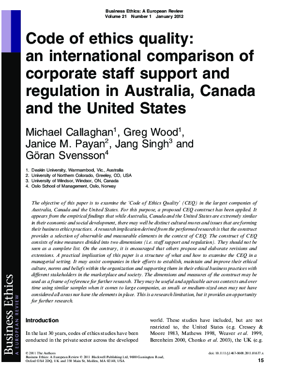 (PDF) Code of ethics quality: an international comparison of corporate ...