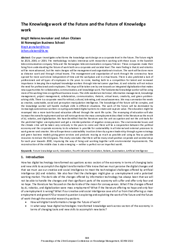 (PDF) The Knowledge Work of the Future and the Future of Knowledge Work