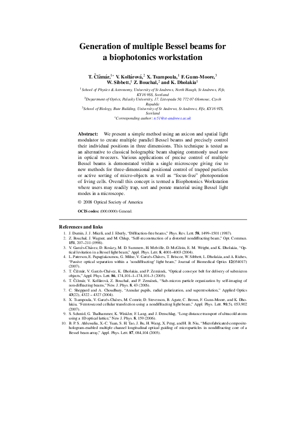 (PDF) Generation of multiple Bessel beams for a biophotonics workstation