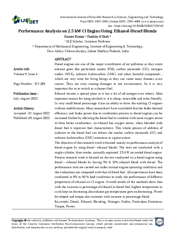 (PDF) Performance Analysis on 2.5 kW CI Engine Using Ethanol-Diesel Blends